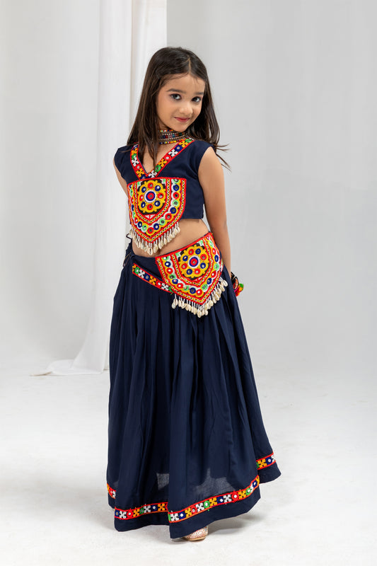 Traditional Navy Blue Rayon With Gamthi Work Designer Lehenga Choli for Girls