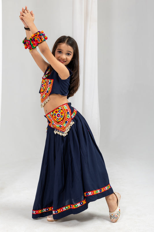 Traditional Navy Blue Rayon With Gamthi Work Designer Lehenga Choli for Girls