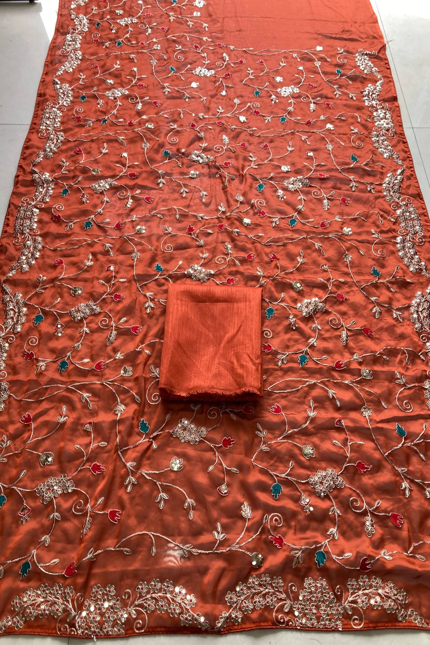 Gorgeous Rust Orange Rangoli Silk Saree  Embroidery Work Border for Women