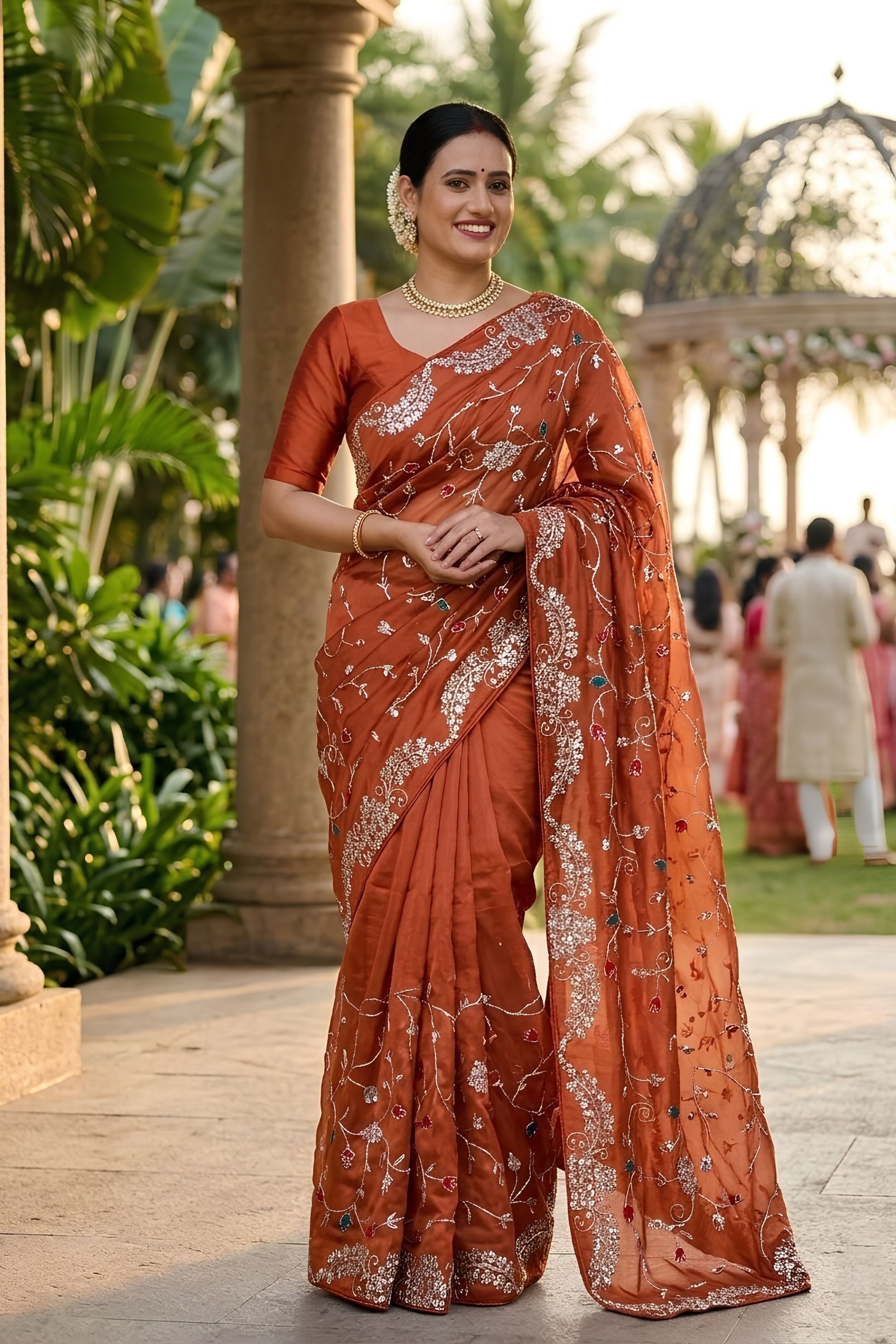 Gorgeous Rust Orange Rangoli Silk Saree  Embroidery Work Border for Women