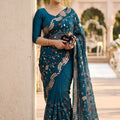 Elegant Teal Blue Rangoli Silk Embroidery Work Saree Embroidered Border for Women