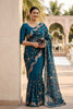 Elegant Teal Blue Rangoli Silk Embroidery Work Saree Embroidered Border for Women