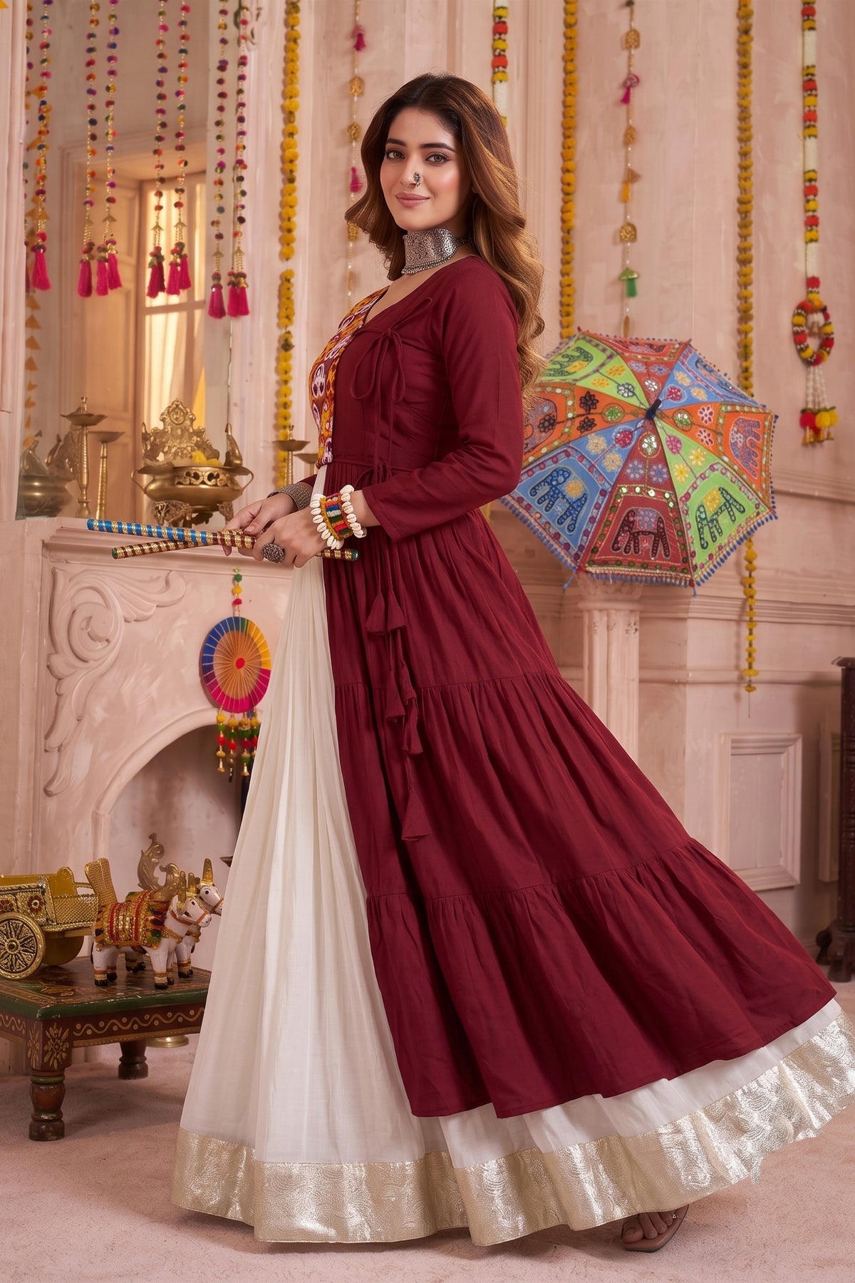 Royal Maroon Cotton Gamthi Work Indo-Western Navratri Lehenga Choli for Women