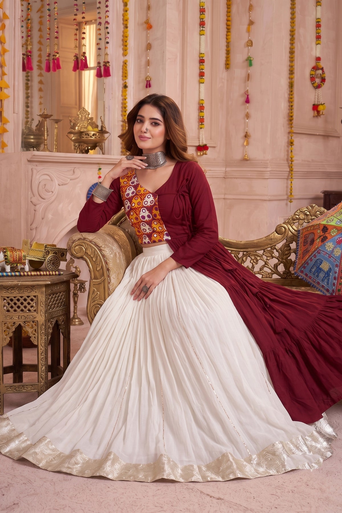 Royal Maroon Cotton Gamthi Work Indo-Western Navratri Lehenga Choli for Women