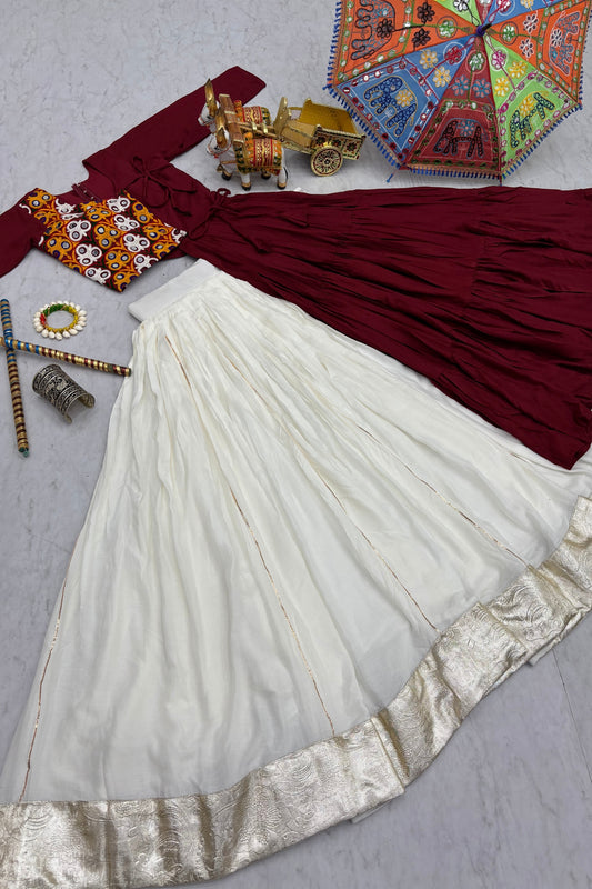Royal Maroon Cotton Gamthi Work Indo-Western Navratri Lehenga Choli for Women