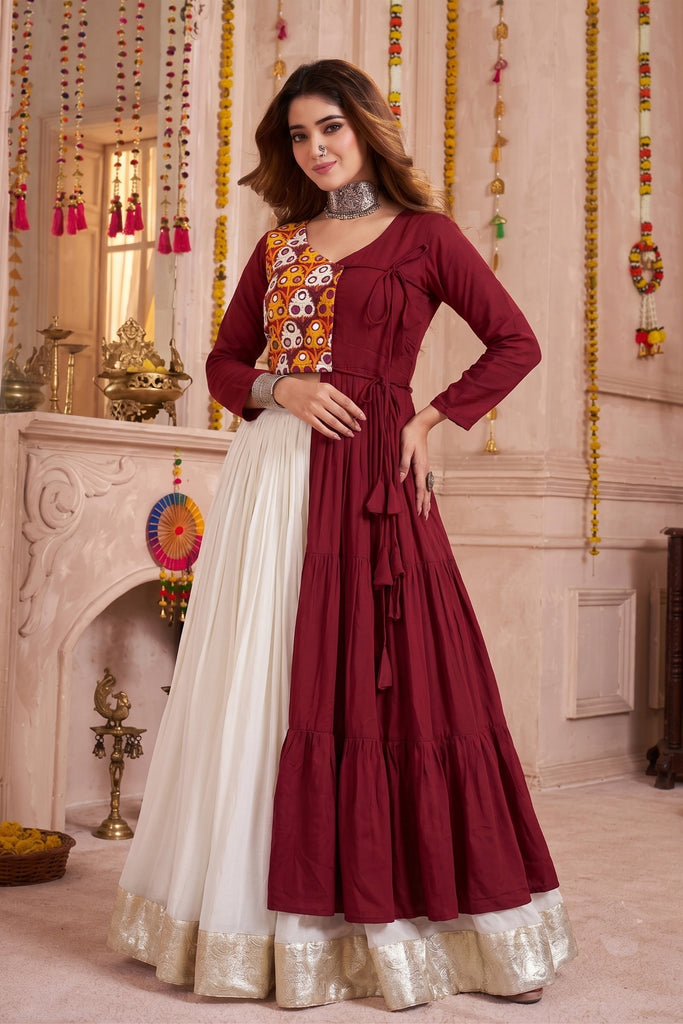 Royal Maroon Cotton Gamthi Work Indo-Western Navratri Lehenga Choli for Women