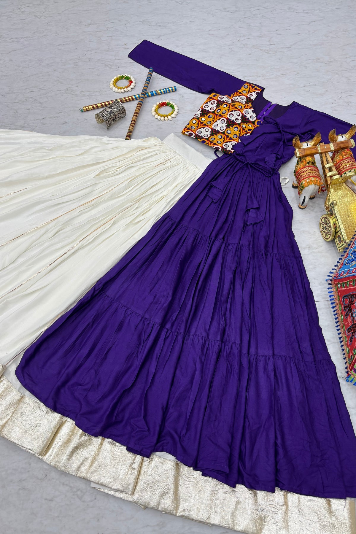 Stylish Purple Cotton Gamthi Work Indo-Western Navratri Lehenga Choli for Women