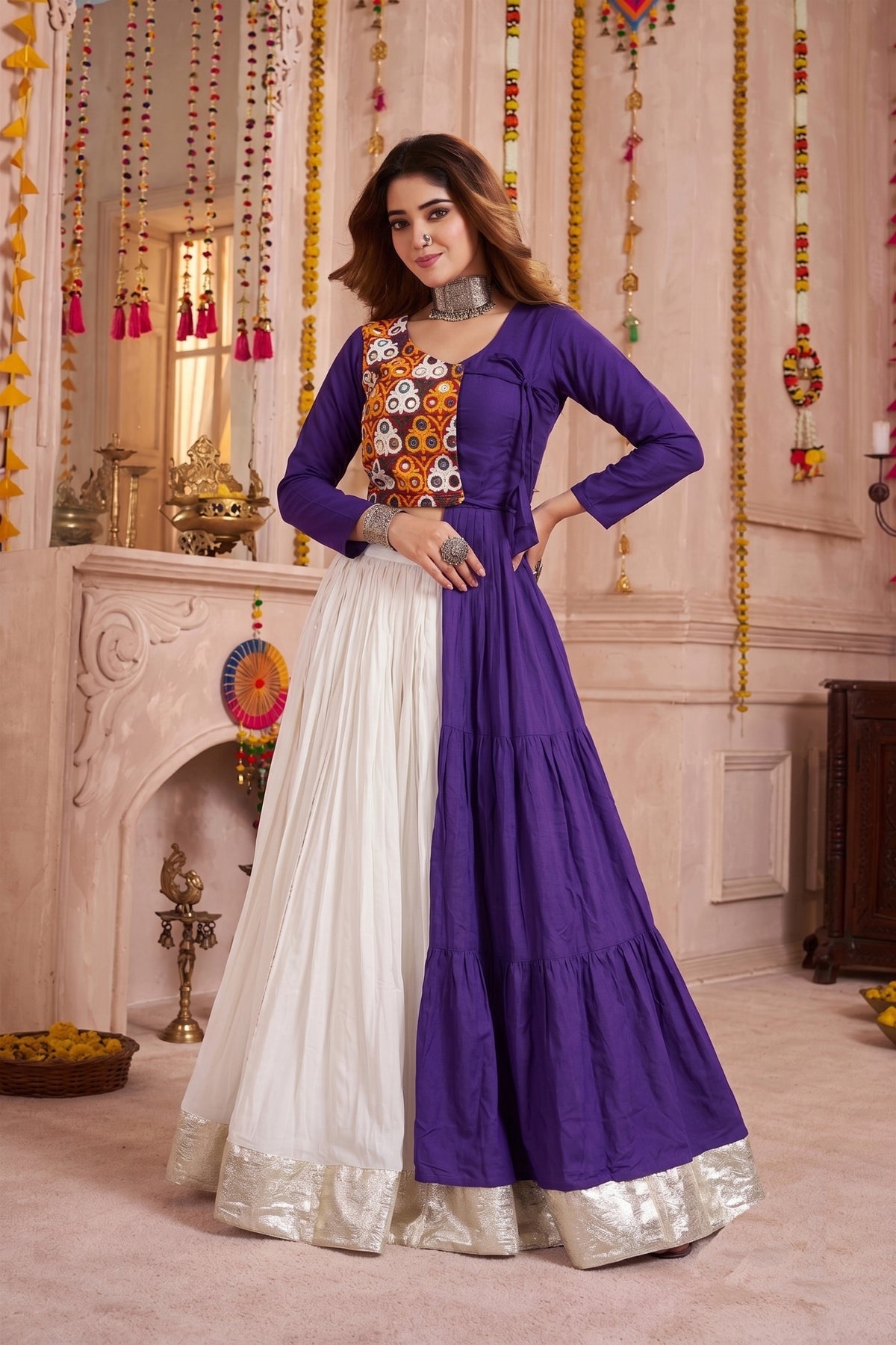 Stylish Purple Cotton Gamthi Work Indo-Western Navratri Lehenga Choli for Women