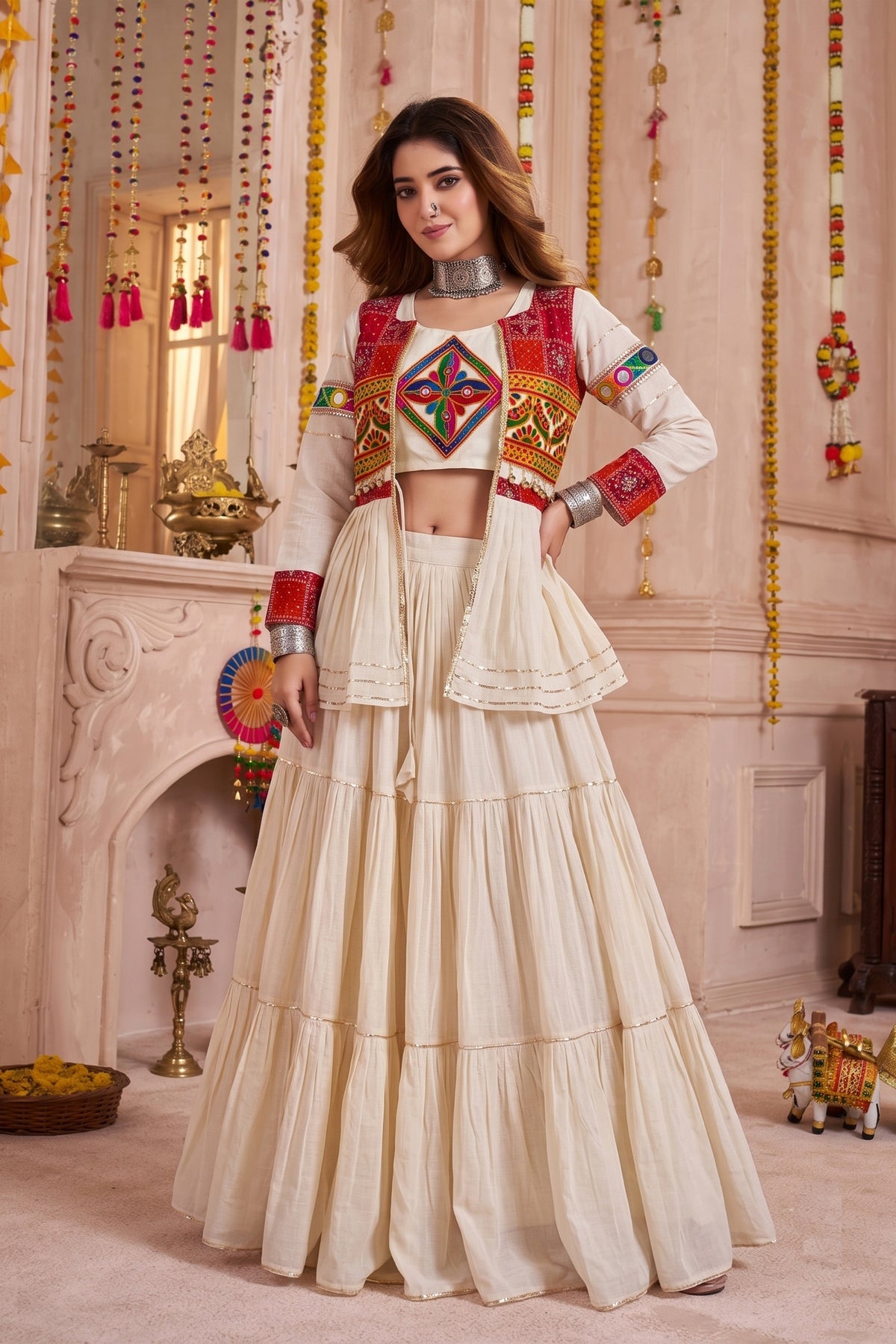 Superb Off White Cotton Gamthi Work Indo-Western Navratri Lehenga Choli with Koti for Women