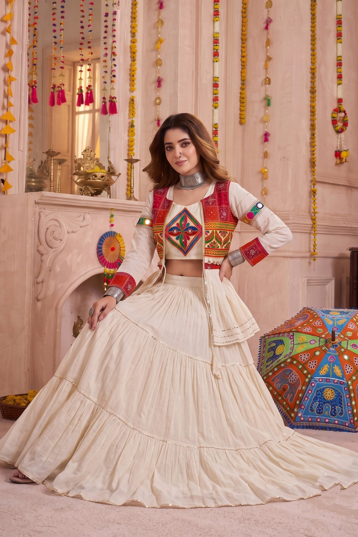 Superb Off White Cotton Gamthi Work Indo-Western Navratri Lehenga Choli with Koti for Women