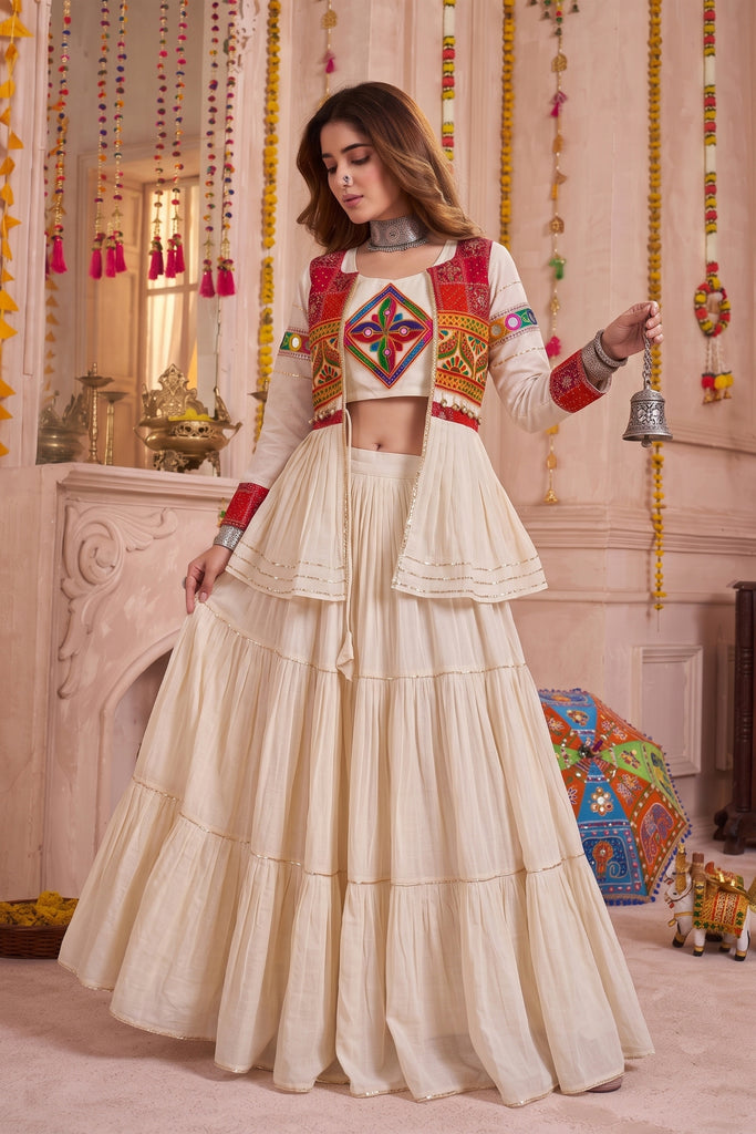 Superb Off White Cotton Gamthi Work Indo-Western Navratri Lehenga Choli with Koti for Women
