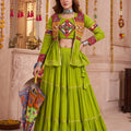 Stunning Parrot Green Cotton Gamthi Work Indo-Western Navratri Lehenga Choli with Koti for Women