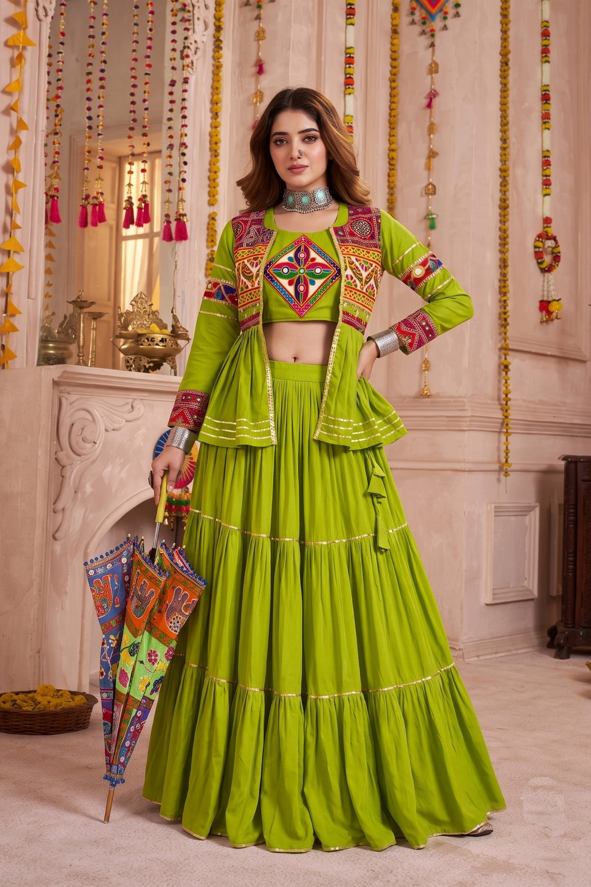 Stunning Parrot Green Cotton Gamthi Work Indo-Western Navratri Lehenga Choli with Koti for Women