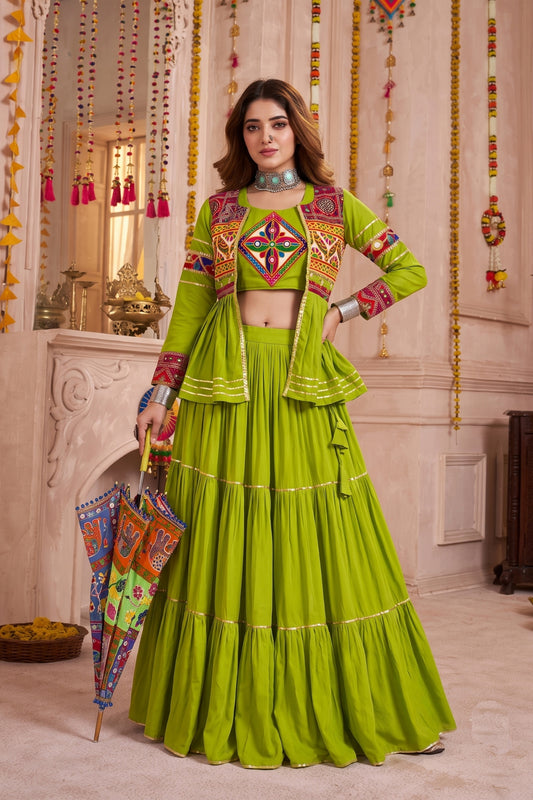 Stunning Parrot Green Cotton Gamthi Work Indo-Western Navratri Lehenga Choli with Koti for Women