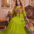 Stunning Parrot Green Cotton Gamthi Work Indo-Western Navratri Lehenga Choli with Koti for Women