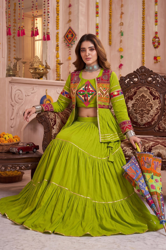 Stunning Parrot Green Cotton Gamthi Work Indo-Western Navratri Lehenga Choli with Koti for Women