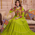 Stunning Parrot Green Cotton Gamthi Work Indo-Western Navratri Lehenga Choli with Koti for Women