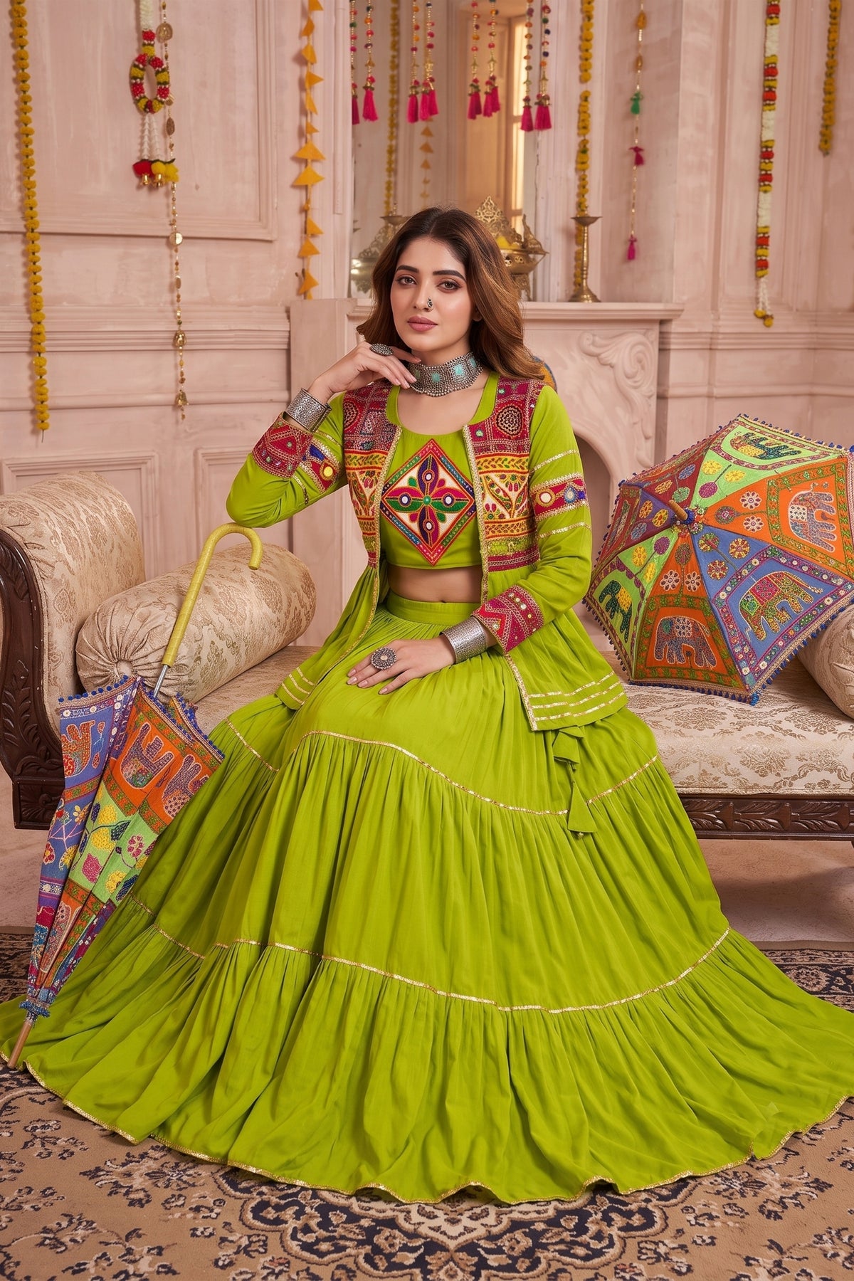 Stunning Parrot Green Cotton Gamthi Work Indo-Western Navratri Lehenga Choli with Koti for Women