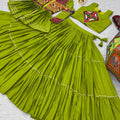 Stunning Parrot Green Cotton Gamthi Work Indo-Western Navratri Lehenga Choli with Koti for Women
