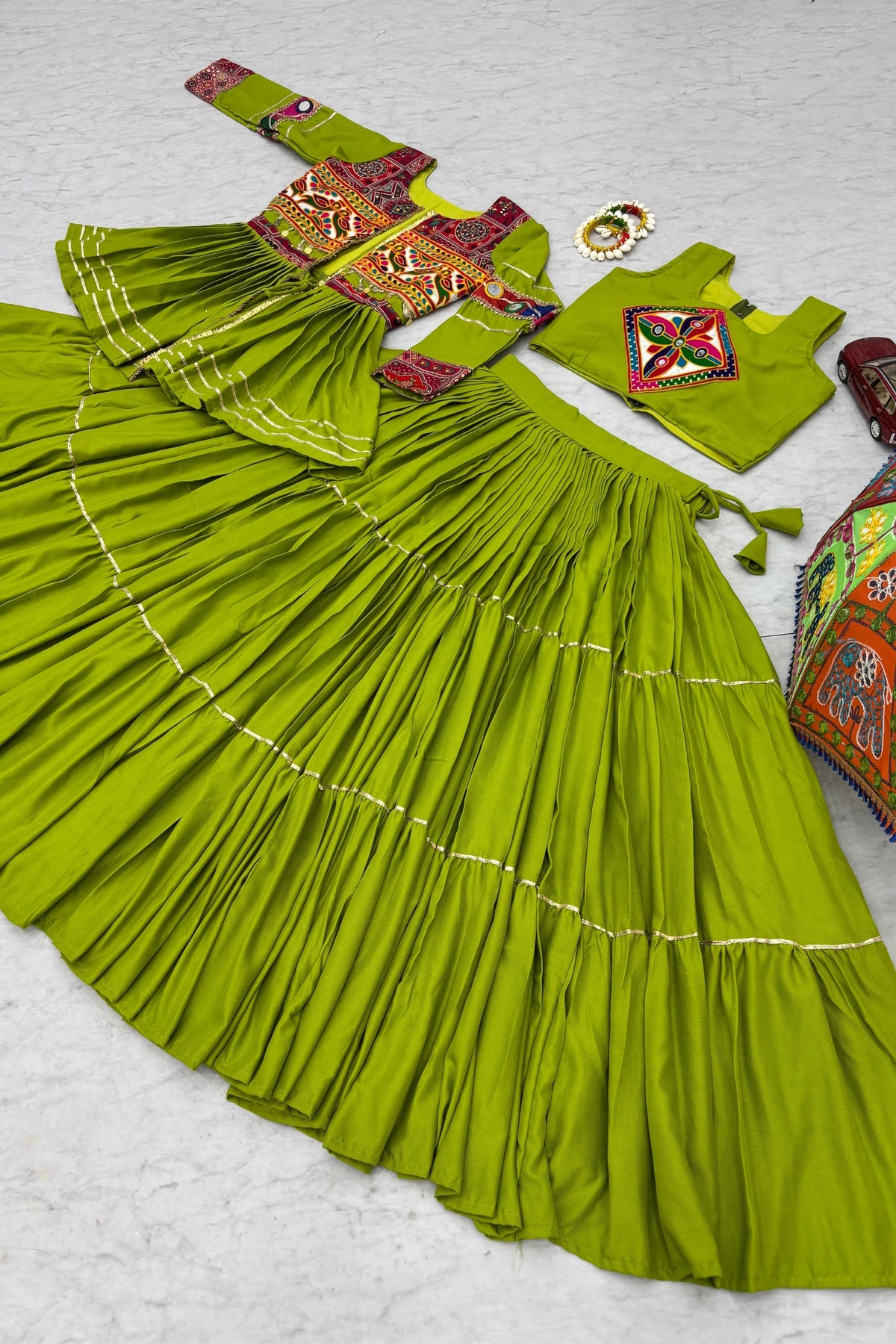 Stunning Parrot Green Cotton Gamthi Work Indo-Western Navratri Lehenga Choli with Koti for Women