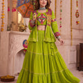 Stunning Parrot Green Cotton Gamthi Work Indo-Western Navratri Lehenga Choli with Koti for Women