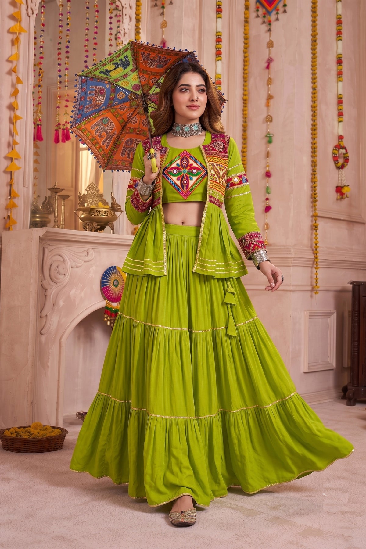 Stunning Parrot Green Cotton Gamthi Work Indo-Western Navratri Lehenga Choli with Koti for Women