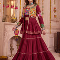 Beautiful Maroon Cotton Gamthi Work Indo-Western Navratri Lehenga Choli with Koti for Women