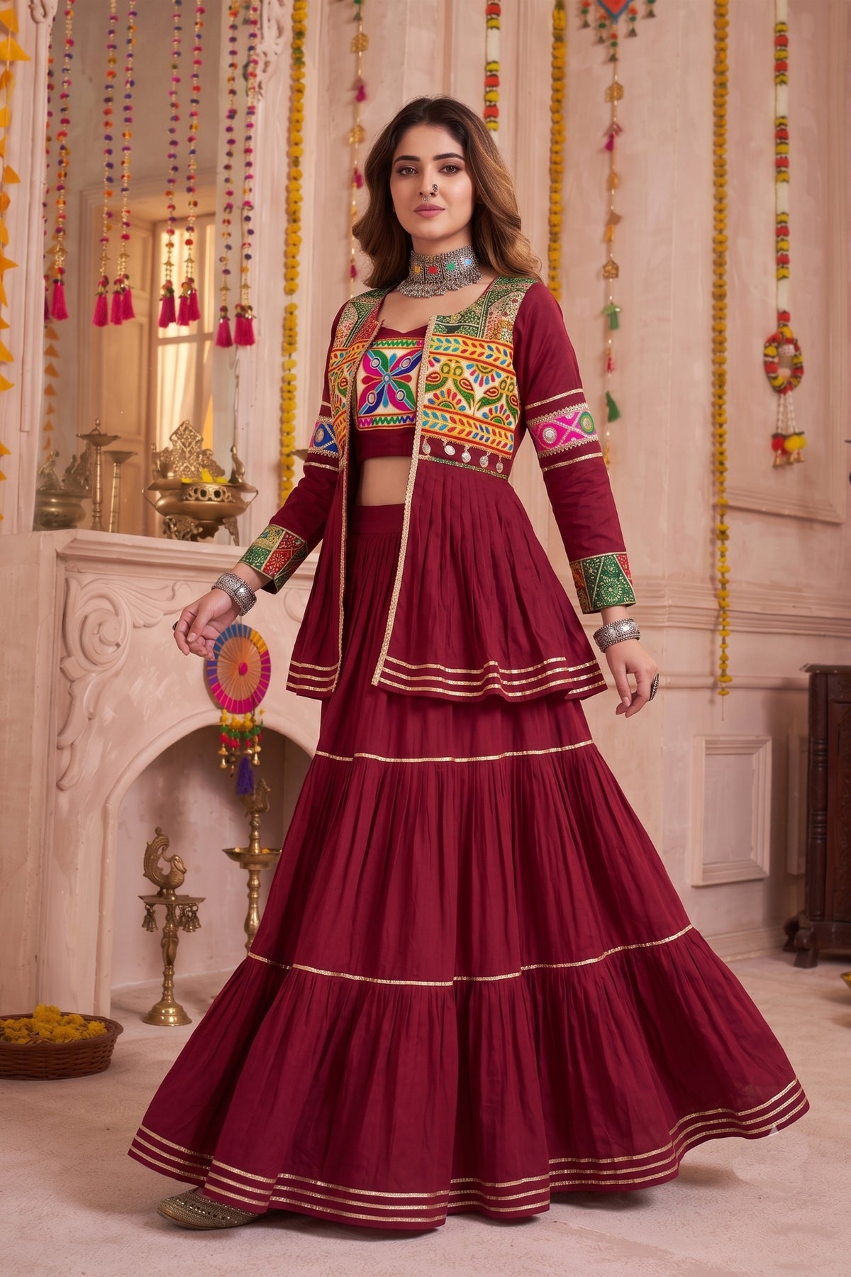 Beautiful Maroon Cotton Gamthi Work Indo-Western Navratri Lehenga Choli with Koti for Women
