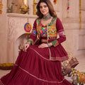 Beautiful Maroon Cotton Gamthi Work Indo-Western Navratri Lehenga Choli with Koti for Women