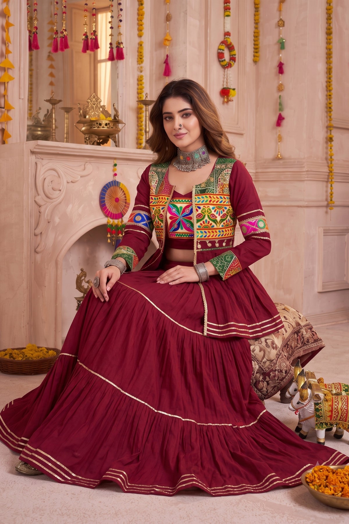 Beautiful Maroon Cotton Gamthi Work Indo-Western Navratri Lehenga Choli with Koti for Women