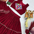 Beautiful Maroon Cotton Gamthi Work Indo-Western Navratri Lehenga Choli with Koti for Women