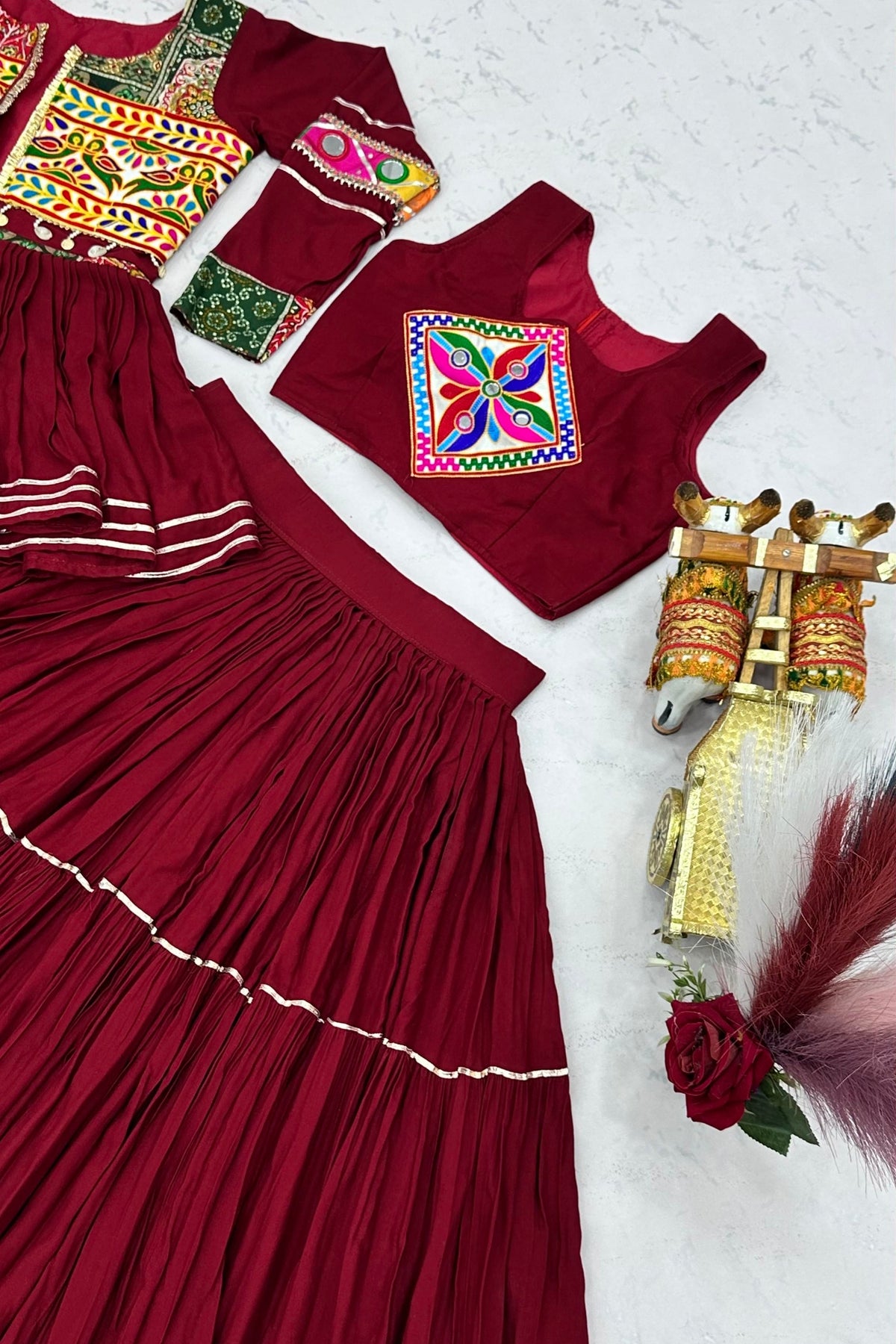 Beautiful Maroon Cotton Gamthi Work Indo-Western Navratri Lehenga Choli with Koti for Women