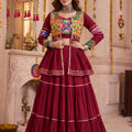 Beautiful Maroon Cotton Gamthi Work Indo-Western Navratri Lehenga Choli with Koti for Women