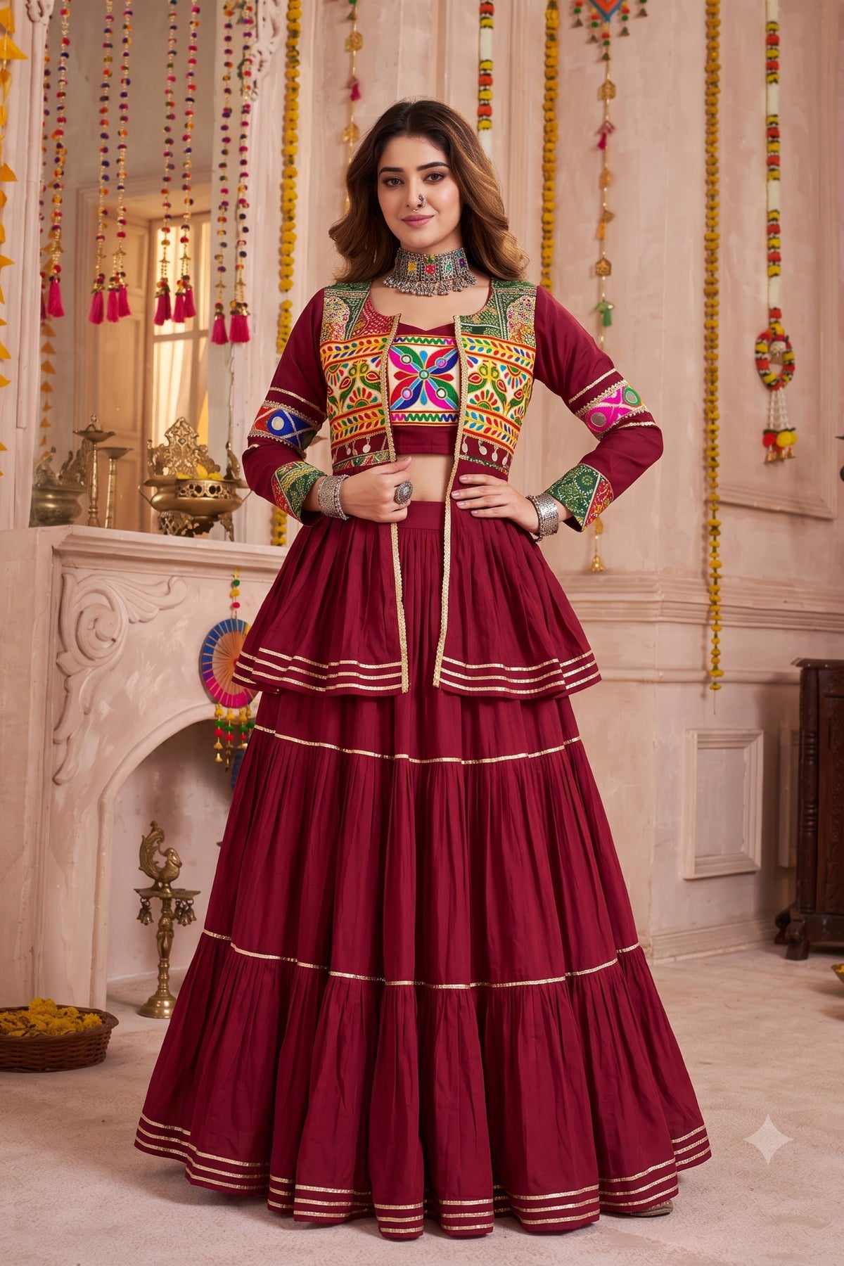 Beautiful Maroon Cotton Gamthi Work Indo-Western Navratri Lehenga Choli with Koti for Women