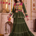 Trendy Olive Green Cotton Gamthi Work Indo-Western Navratri Lehenga Choli with Koti for Women