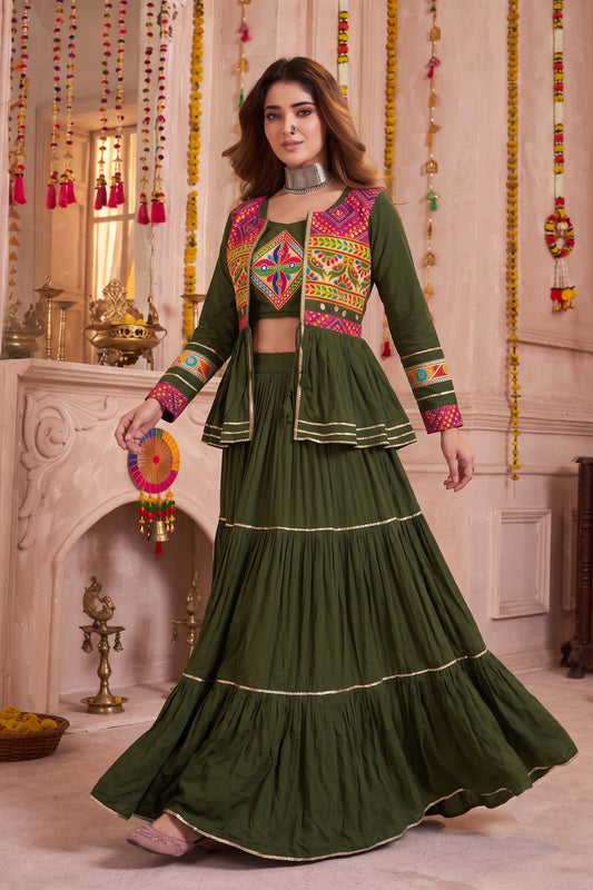 Trendy Olive Green Cotton Gamthi Work Indo-Western Navratri Lehenga Choli with Koti for Women