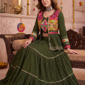 Trendy Olive Green Cotton Gamthi Work Indo-Western Navratri Lehenga Choli with Koti for Women