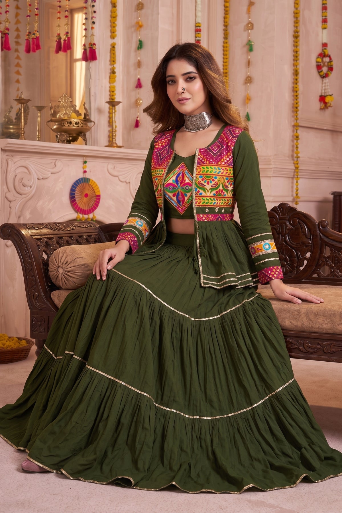 Trendy Olive Green Cotton Gamthi Work Indo-Western Navratri Lehenga Choli with Koti for Women
