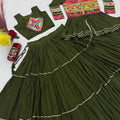 Trendy Olive Green Cotton Gamthi Work Indo-Western Navratri Lehenga Choli with Koti for Women