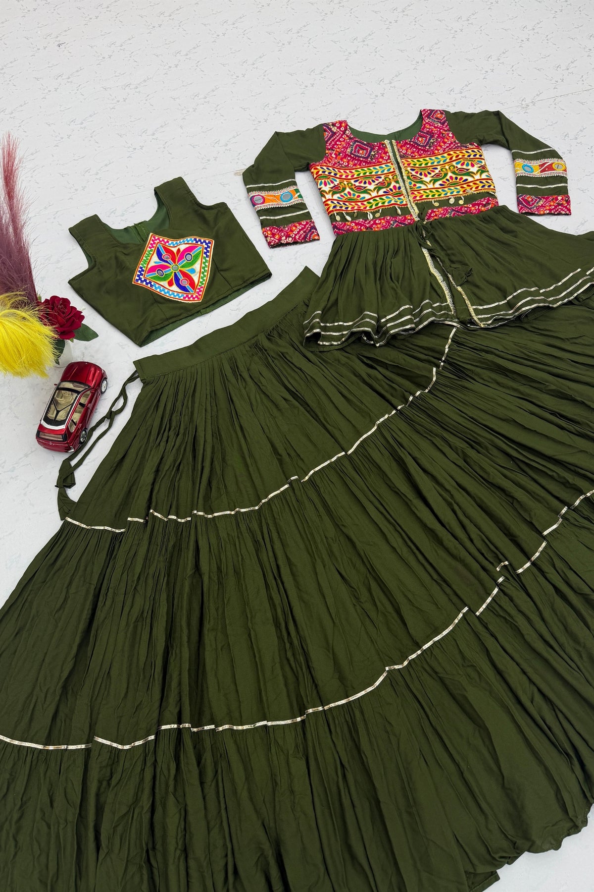 Trendy Olive Green Cotton Gamthi Work Indo-Western Navratri Lehenga Choli with Koti for Women