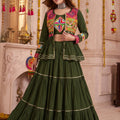 Trendy Olive Green Cotton Gamthi Work Indo-Western Navratri Lehenga Choli with Koti for Women