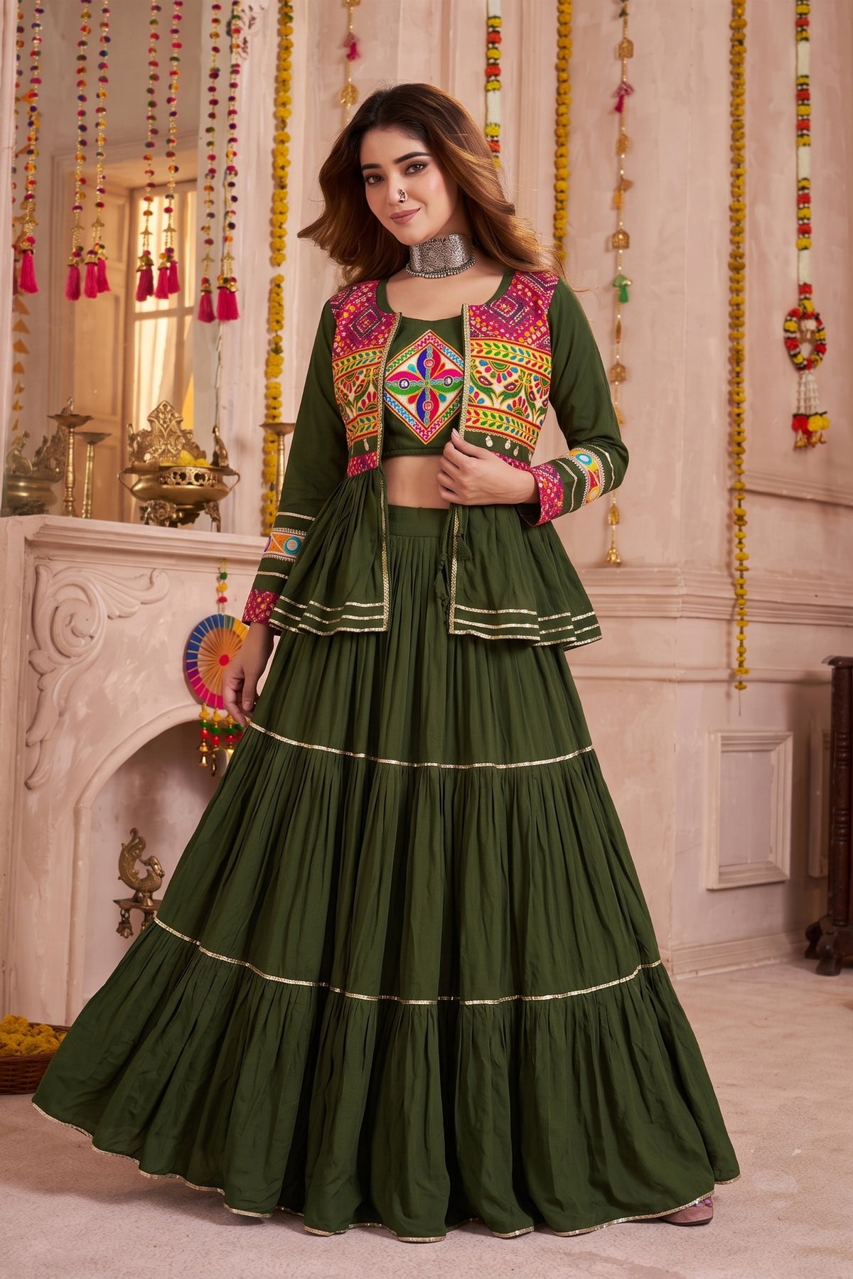Trendy Olive Green Cotton Gamthi Work Indo-Western Navratri Lehenga Choli with Koti for Women