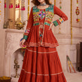 Vibrant Rust Orange Cotton Gamthi Work Indo-Western Navratri Lehenga Choli with Koti for Women