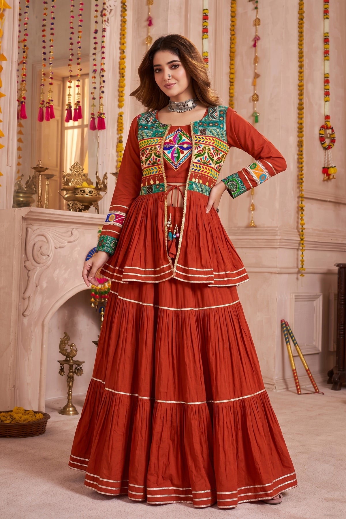 Vibrant Rust Orange Cotton Gamthi Work Indo-Western Navratri Lehenga Choli with Koti for Women