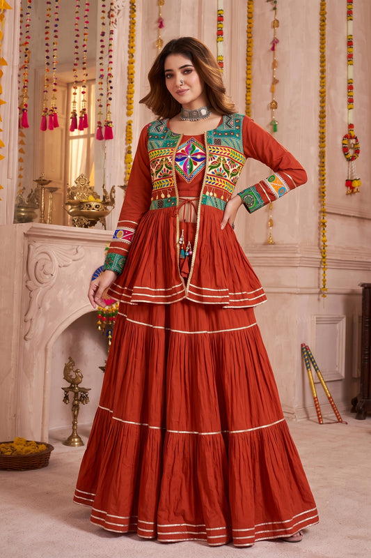 Vibrant Rust Orange Cotton Gamthi Work Indo-Western Navratri Lehenga Choli with Koti for Women