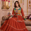 Vibrant Rust Orange Cotton Gamthi Work Indo-Western Navratri Lehenga Choli with Koti for Women