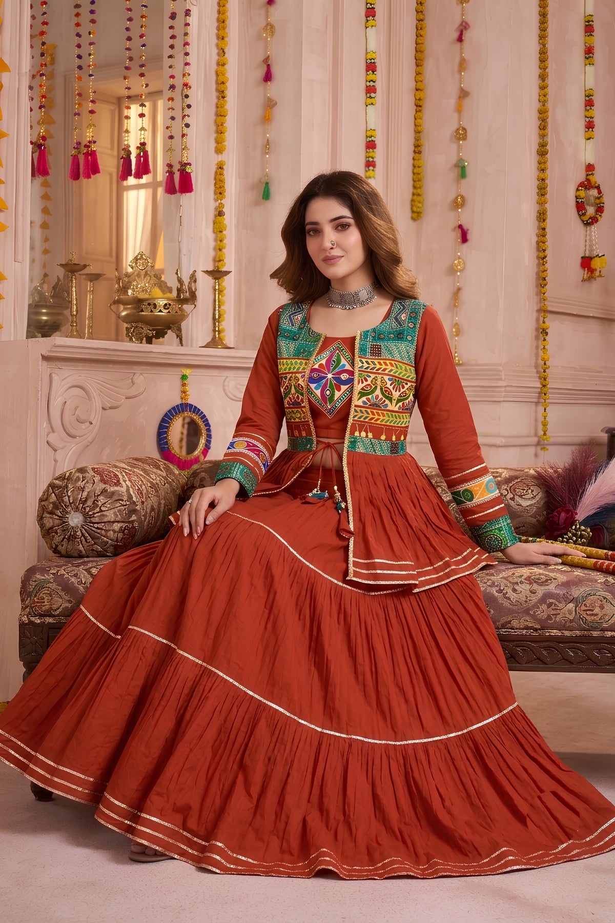 Vibrant Rust Orange Cotton Gamthi Work Indo-Western Navratri Lehenga Choli with Koti for Women