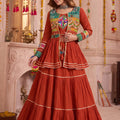 Vibrant Rust Orange Cotton Gamthi Work Indo-Western Navratri Lehenga Choli with Koti for Women