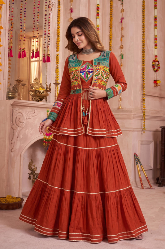 Vibrant Rust Orange Cotton Gamthi Work Indo-Western Navratri Lehenga Choli with Koti for Women