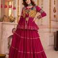 Lovely Rani Pink Cotton Gamthi Work Indo-Western Navratri Lehenga Choli with Koti for Women